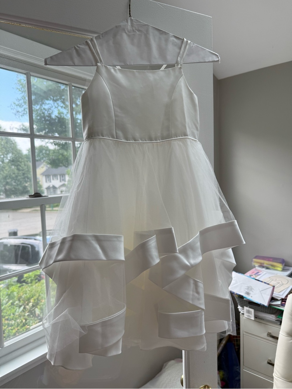 David's Bridal White Satin and Tulle Girls Formal Dress